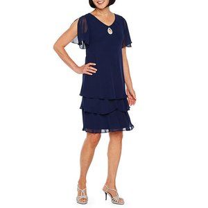Onyx Nites Short Sleeve Applique Shift Dress Navy Size 10 NWT